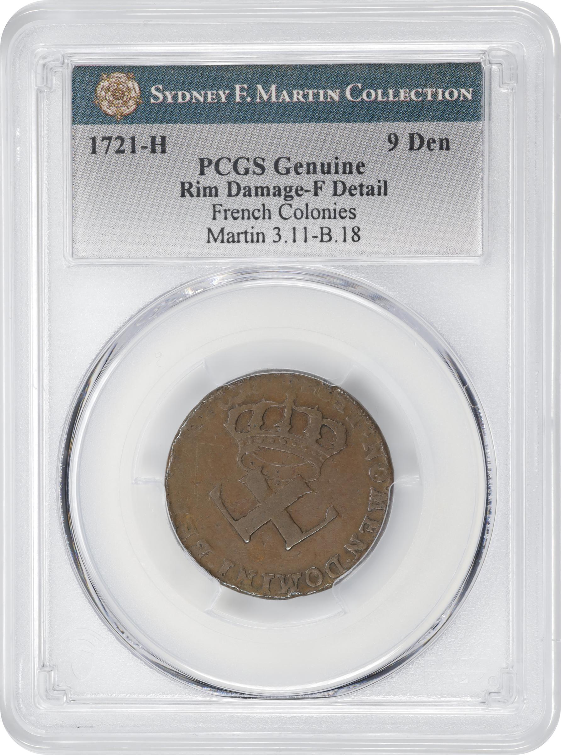 image for: 1721-H Sou, or 9 Deniers. La Rochelle Mint. Martin 3.11-B.18, W-11830. Rarity-5. Fine Details--Rim Damage (PCGS).