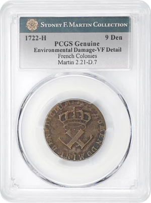 image for: 1722-H Sou, or 9 Deniers. La Rochelle Mint. Martin 2.21-D.7, W-11840. Rarity-5. VF Details--Environmental Damage (PCGS).