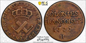 image for: 1722-H Sou, or 9 Deniers. La Rochelle Mint. Martin 2.21-D.7, W-11840. Rarity-5. VF Details--Environmental Damage (PCGS).