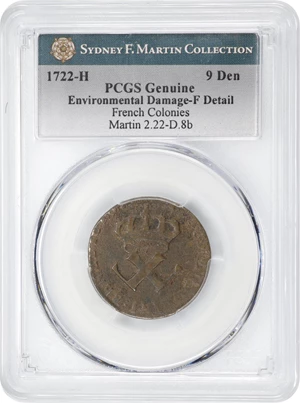 image for: 1722-H Sou, or 9 Deniers. La Rochelle Mint. Martin 2.22-D.8b, W-11840. Rarity-4. Fine Details--Environmental Damage (PCGS).