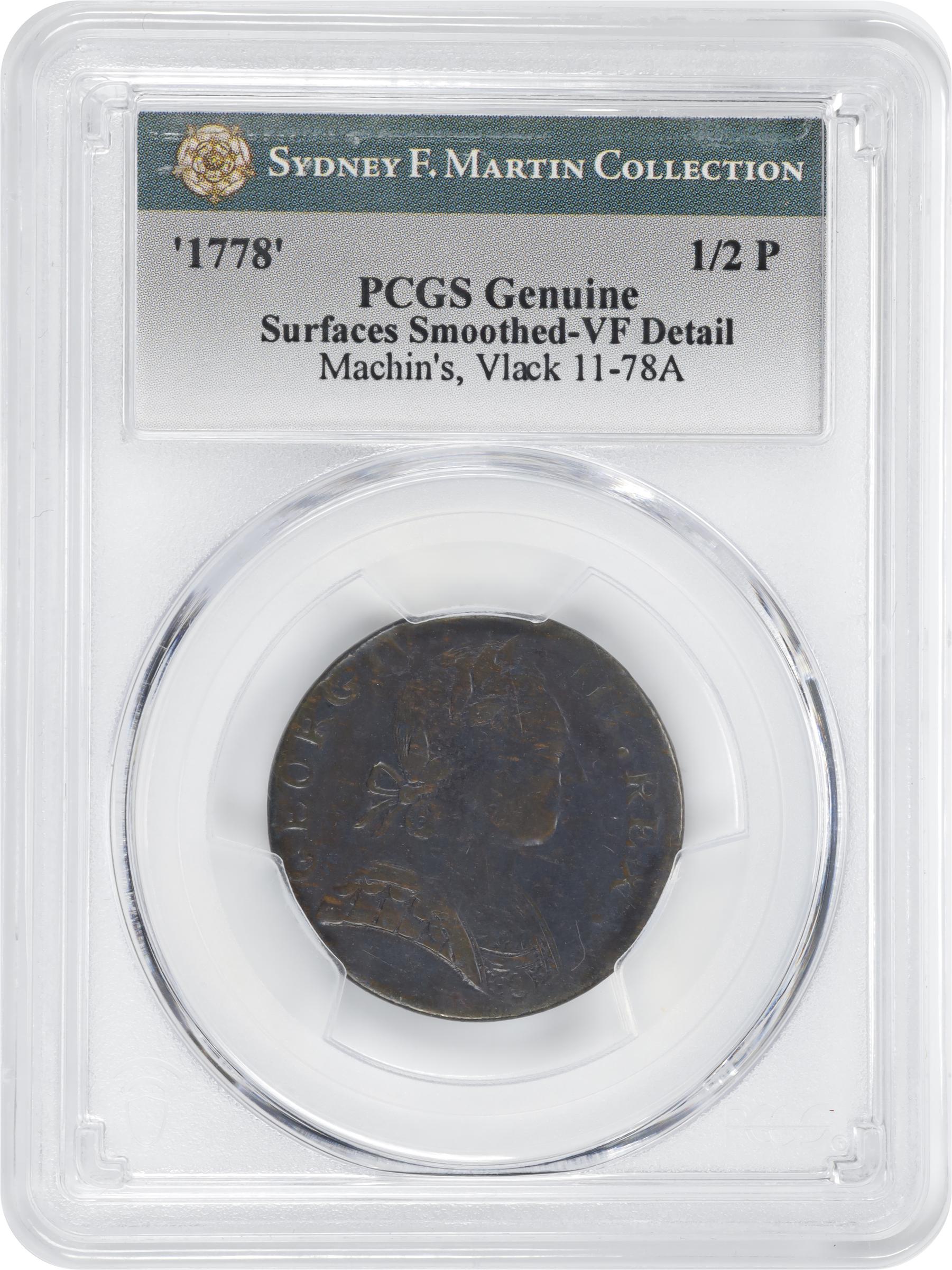 image for: 1778 Machin's Mills Halfpenny. Vlack 11-78A, W-7820. Rarity-3. GEORGIVS III, Group III. VF Details--Surfaces Smoothed (PCGS).