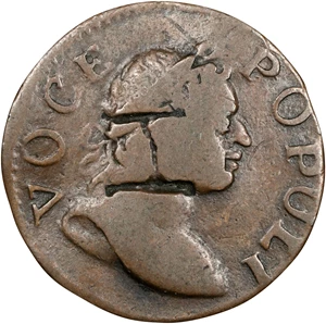 image for: 1760 Voce Populi Farthing. Nelson-1, W-13800. Rarity-5. Large Letters. Obverse Counterstamped H, Reverse Counterstamped SMITH. Very Fine.