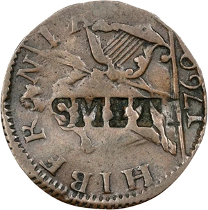 image for: 1760 Voce Populi Farthing. Nelson-1, W-13800. Rarity-5. Large Letters. Obverse Counterstamped H, Reverse Counterstamped SMITH. Very Fine.