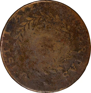 image for: 1783 Nova Constellatio Copper. Crosby 2-B, W-1865. Rarity-2. CONSTELLATIO, Pointed Rays, Small U.S. Obverse Counterstamped (eagle). Poor/Fair Details--Damage (PCGS).