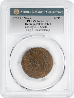 image for: 1783 Nova Constellatio Copper. Crosby 2-B, W-1865. Rarity-2. CONSTELLATIO, Pointed Rays, Small U.S. Obverse Counterstamped (eagle). Poor/Fair Details--Damage (PCGS).