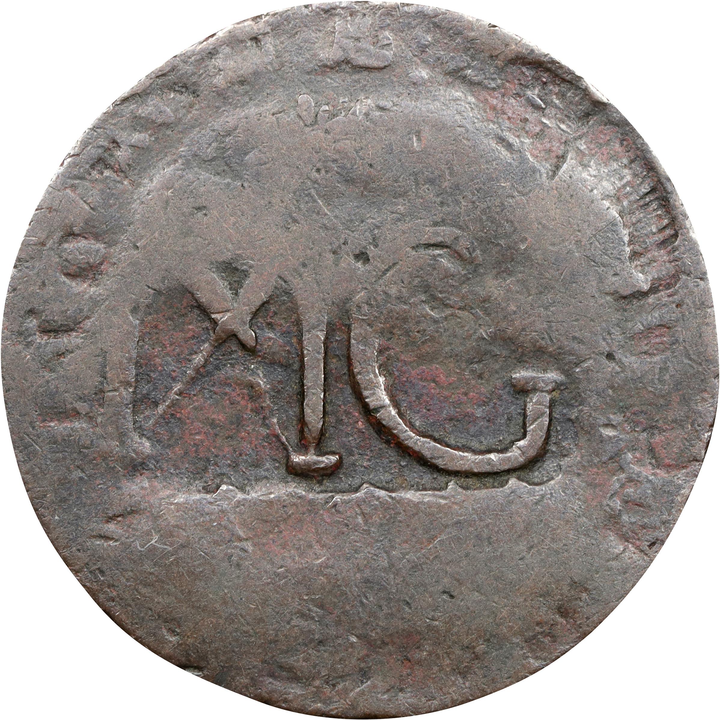 image for: 1786 Connecticut Copper. Miller 5.3-N, W-2575. Rarity-2. Mailed Bust Left, Hercules Head. Reverse Counterstamped MG in a Serrated Rectangle. Good.