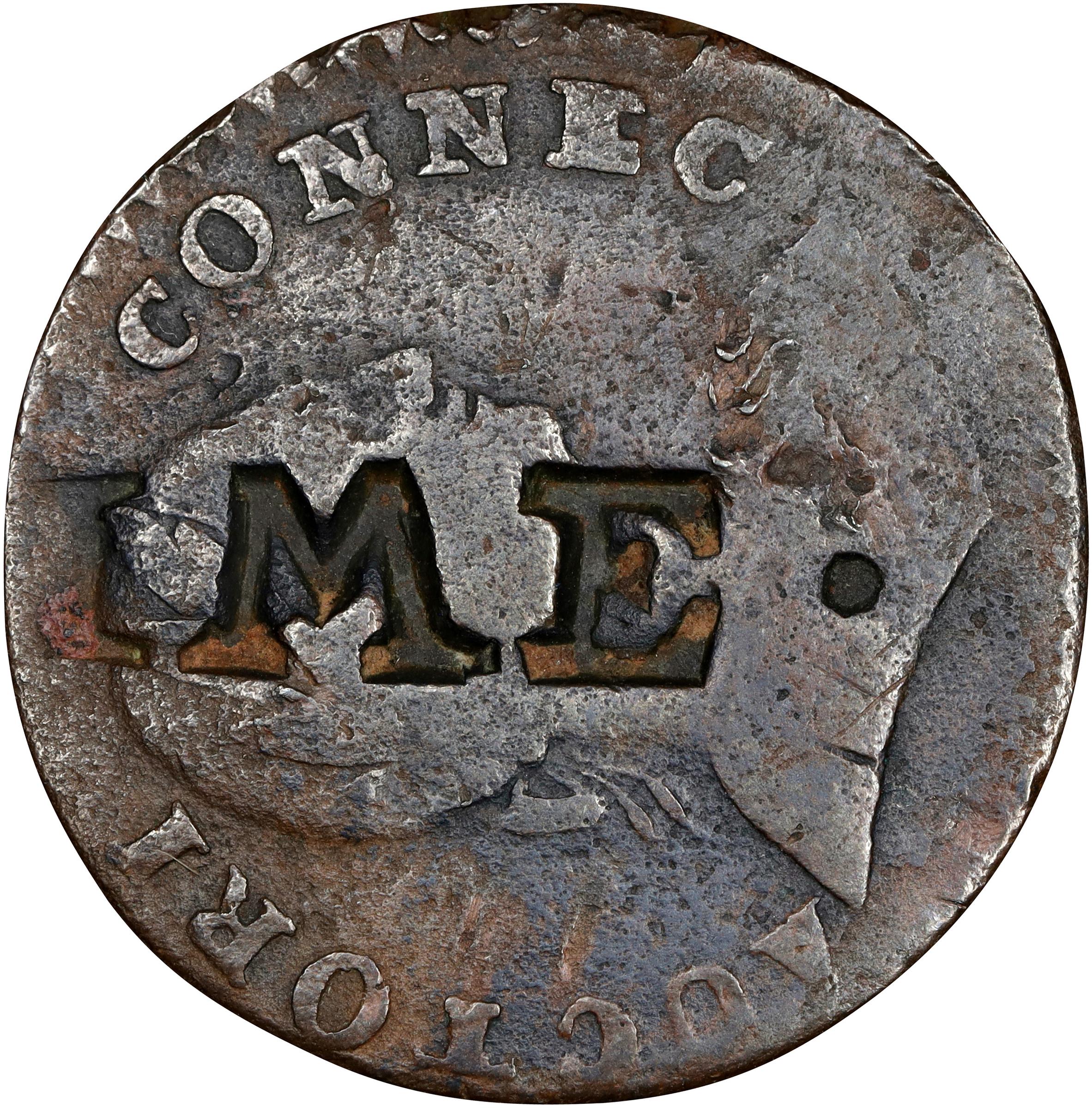 image for: 1787 Connecticut Copper. Miller 1.1-A, W-2700. Rarity-3. Mailed Bust Right, Small Head, ETLIB INDE. Obverse Counterstamped IME. Very Good, Porous.