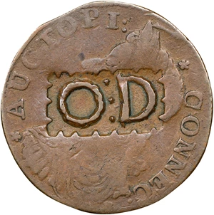 image for: 1787 Connecticut Copper. Miller 42-kk.2, W-4245. Rarity-5-. Draped Bust Left, AUCTOPI. Obverse Counterstamped O:D Within a Rectangular Cartouche. Fine.