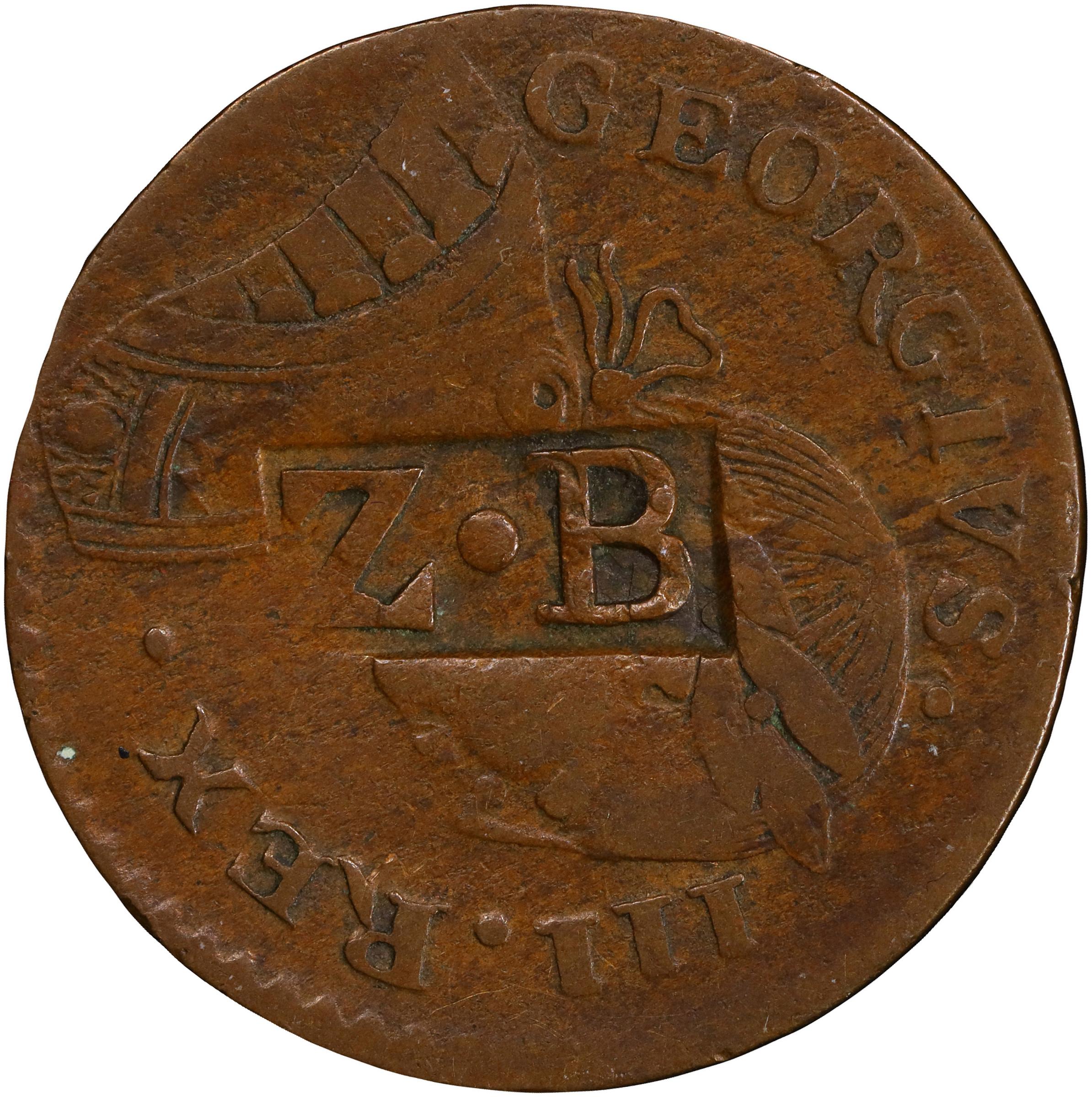 image for: 1787 Machin's Mills Halfpenny. Vlack 18-87C, W-7930. Rarity-4. GEORGIVS III, Group III. Obverse Counterstamped Z.B Within an Incuse Rectangle. VF Details--Damage (PCGS).