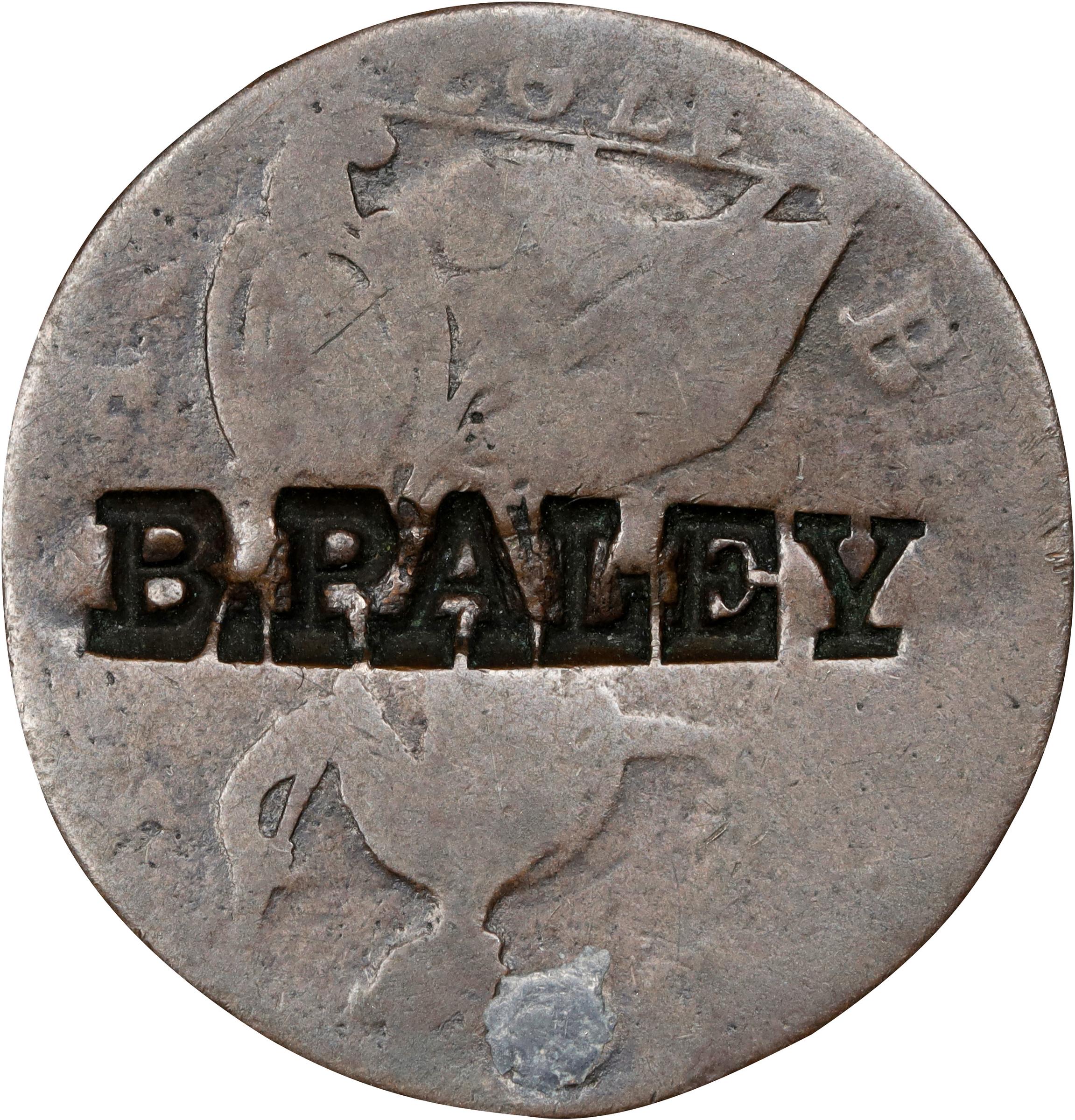 image for: 1787 Machin's Mills Halfpenny. Vlack 18-87C, W-7930. Rarity-4. GEORGIVS III, Group III. Reverse Counterstamped B. PALEY. Good, Holed and Plugged.