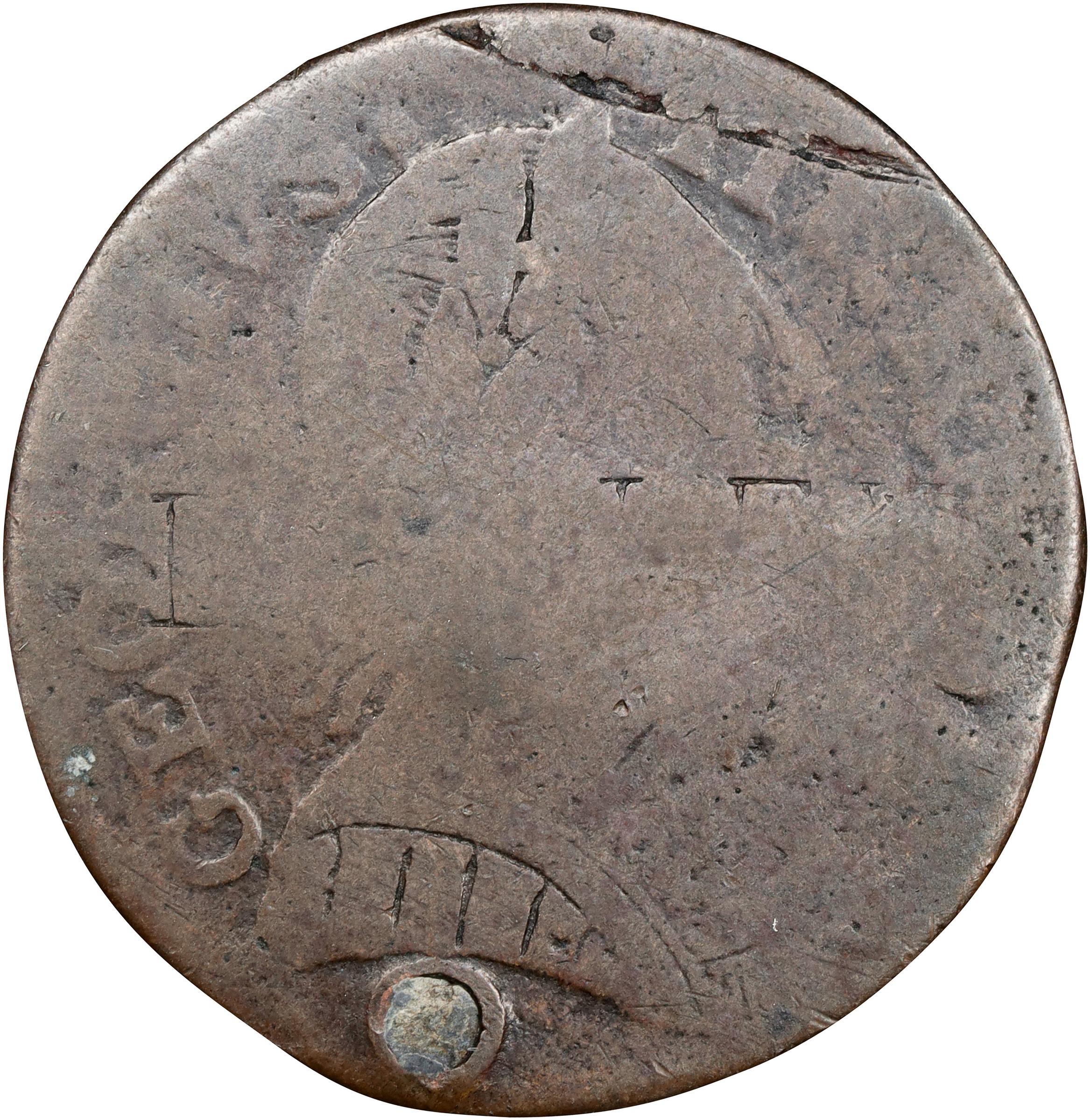image for: 1787 Machin's Mills Halfpenny. Vlack 18-87C, W-7930. Rarity-4. GEORGIVS III, Group III. Reverse Counterstamped B. PALEY. Good, Holed and Plugged.