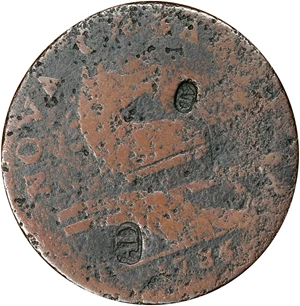 image for: 1786 New Jersey Copper. Maris 15-T, W-4825. Rarity-3. Straight Plow Beam, Leaning Head. Obverse Counterstamped AD Twice in an Oval Cartouche. Very Good, Environmental Damage.
