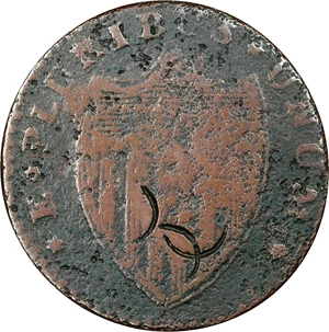 image for: 1786 New Jersey Copper. Maris 15-T, W-4825. Rarity-3. Straight Plow Beam, Leaning Head. Obverse Counterstamped AD Twice in an Oval Cartouche. Very Good, Environmental Damage.