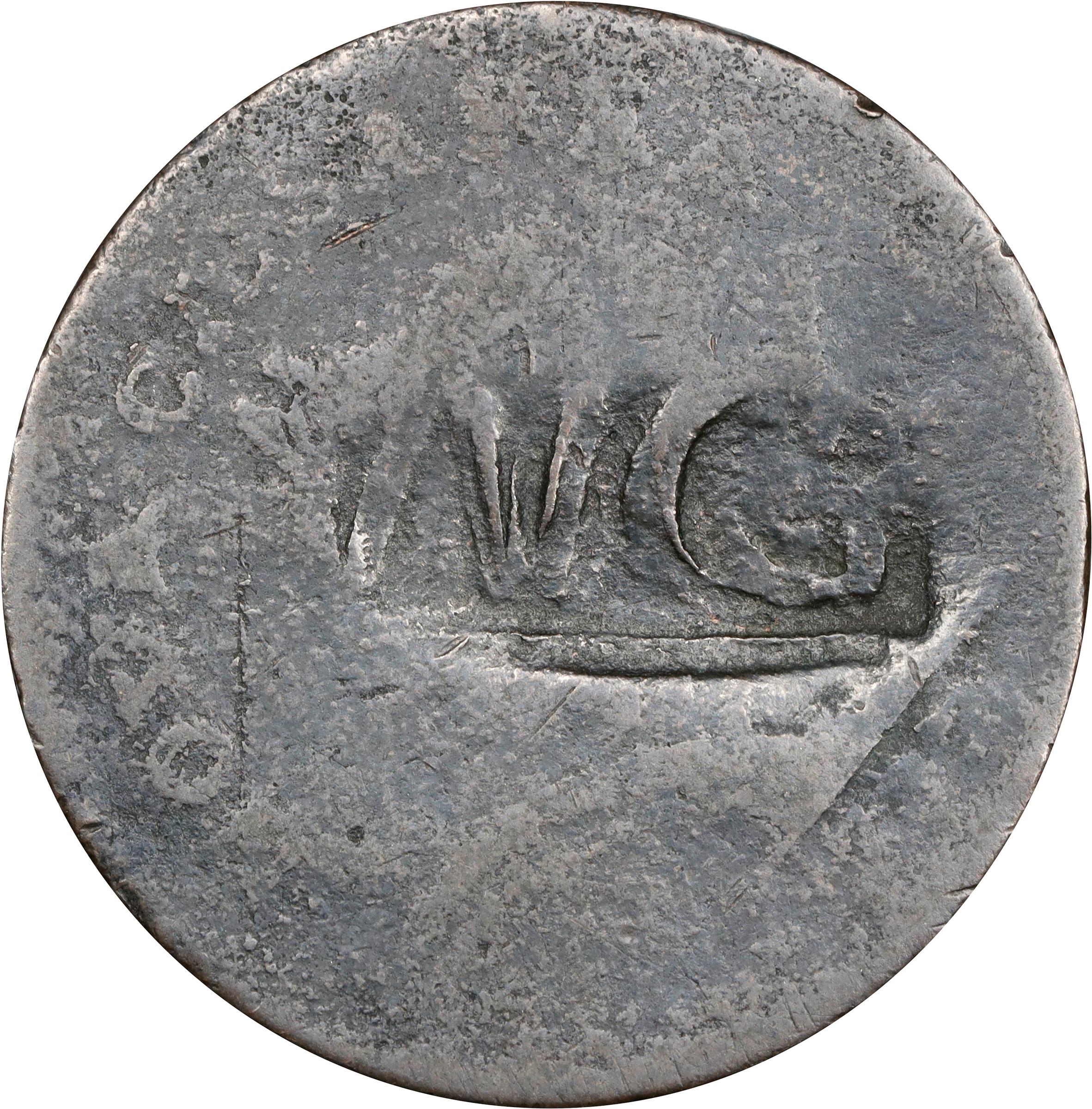 image for: 1787 New Jersey Copper. Maris 60-p, W-5340. Rarity-4. Sprig Above Plow, PLURIBS. Large Planchet. Obverse Counterstamped WG Within an Incuse Rectangle. Very Good.