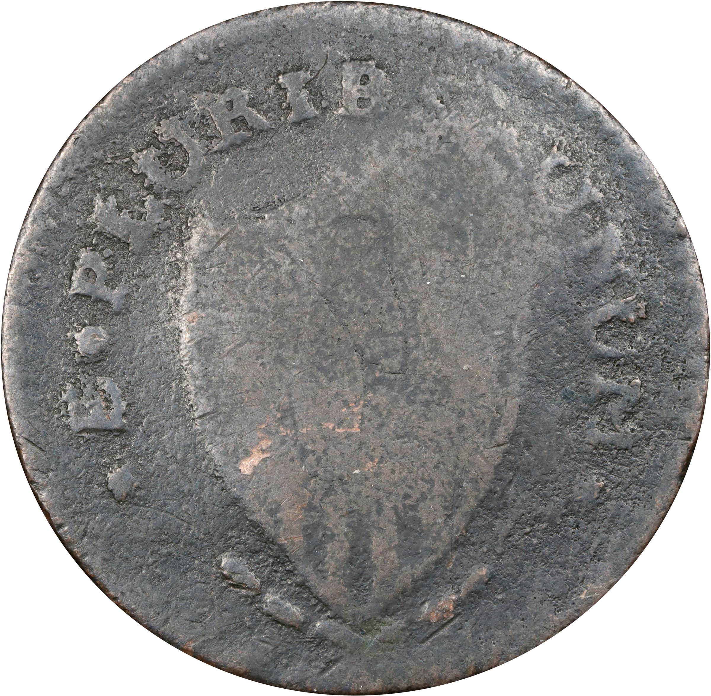 image for: 1787 New Jersey Copper. Maris 60-p, W-5340. Rarity-4. Sprig Above Plow, PLURIBS. Large Planchet. Obverse Counterstamped WG Within an Incuse Rectangle. Very Good.