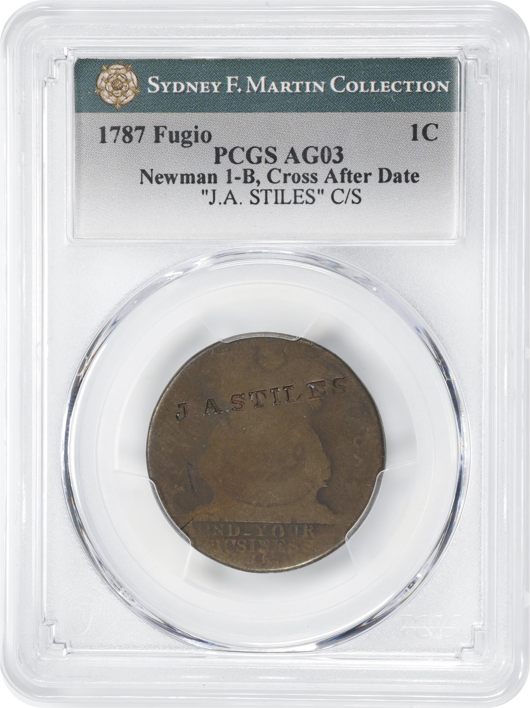 image for: 1787 Fugio Cent. Pointed Rays. Newman 1-B, W-6600. Rarity-4. Obverse Cross After Date, No Cinquefoils, UNITED STATES. Obverse Counterstamped J.A. STILES. AG-3 (PCGS).
