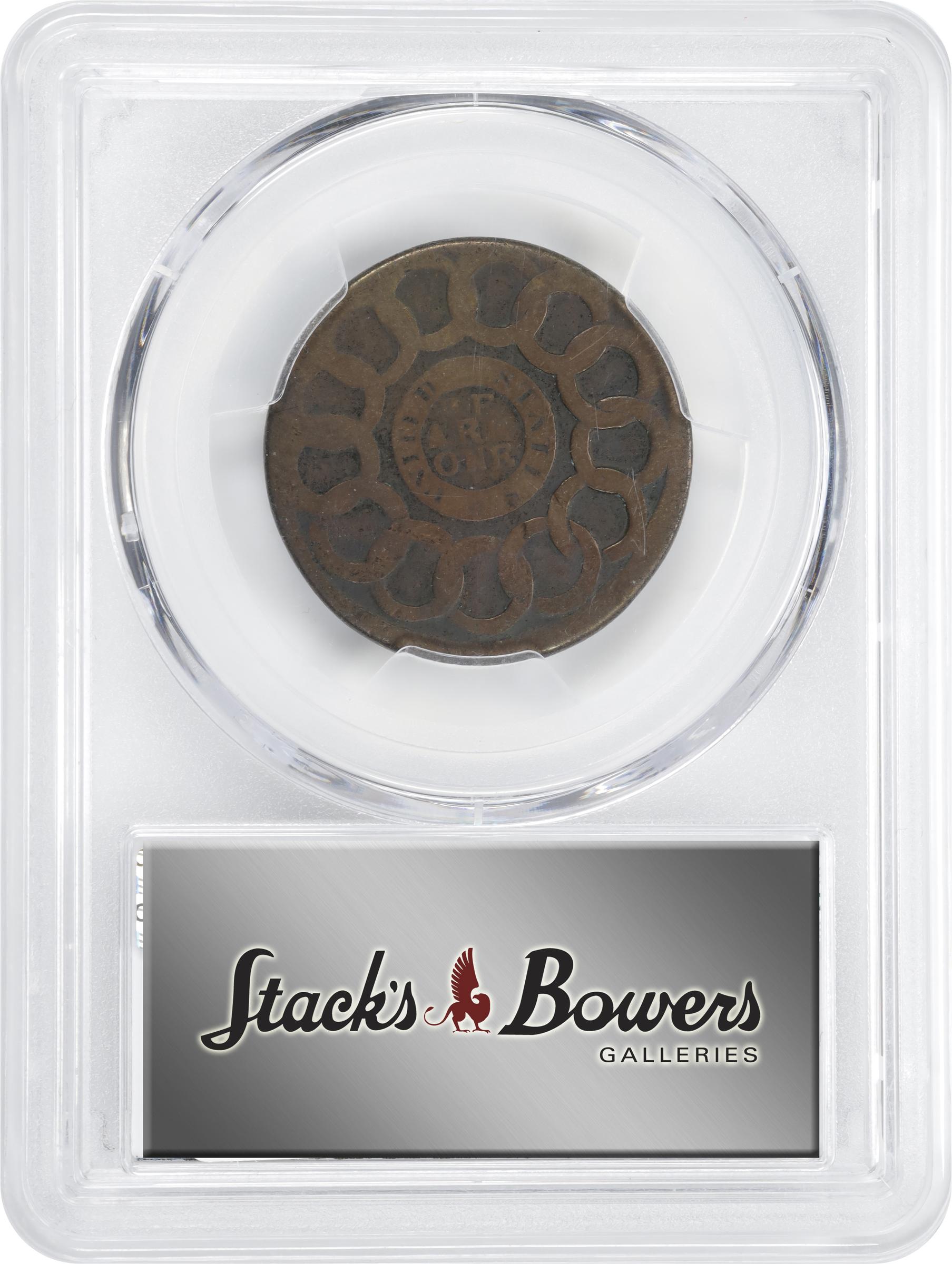 image for: 1787 Fugio Cent. Pointed Rays. Newman 1-B, W-6600. Rarity-4. Obverse Cross After Date, No Cinquefoils, UNITED STATES. Obverse Counterstamped J.A. STILES. AG-3 (PCGS).