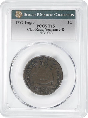image for: 1787 Fugio Cent. Club Rays. Newman 3-D, W-6680. Rarity-2. Rounded Ends. Obverse Counterstamped JG. Fine-15 (PCGS).