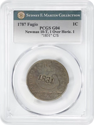 image for: 1787 Fugio Cent. Pointed Rays. Newman 10-T, W-6705. Rarity-5-. STATES UNITED, 1/Horizontal 1. Obverse Counterstamped 1831, Reverse Counterstamped Numerals 1 through 13. Good-4 (PCGS).