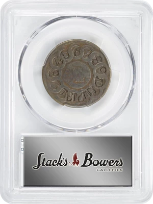 image for: 1787 Fugio Cent. Pointed Rays. Newman 10-T, W-6705. Rarity-5-. STATES UNITED, 1/Horizontal 1. Obverse Counterstamped 1831, Reverse Counterstamped Numerals 1 through 13. Good-4 (PCGS).
