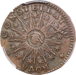 image for: 1783 Nova Constellatio Copper. Crosby 1-A, W-1860. Rarity-4. CONSTELLATIO, Pointed Rays, Large U.S. VF Details--Damage (PCGS).