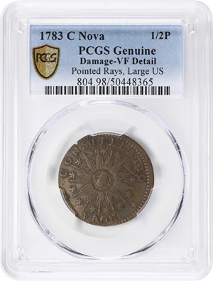 image for: 1783 Nova Constellatio Copper. Crosby 1-A, W-1860. Rarity-4. CONSTELLATIO, Pointed Rays, Large U.S. VF Details--Damage (PCGS).