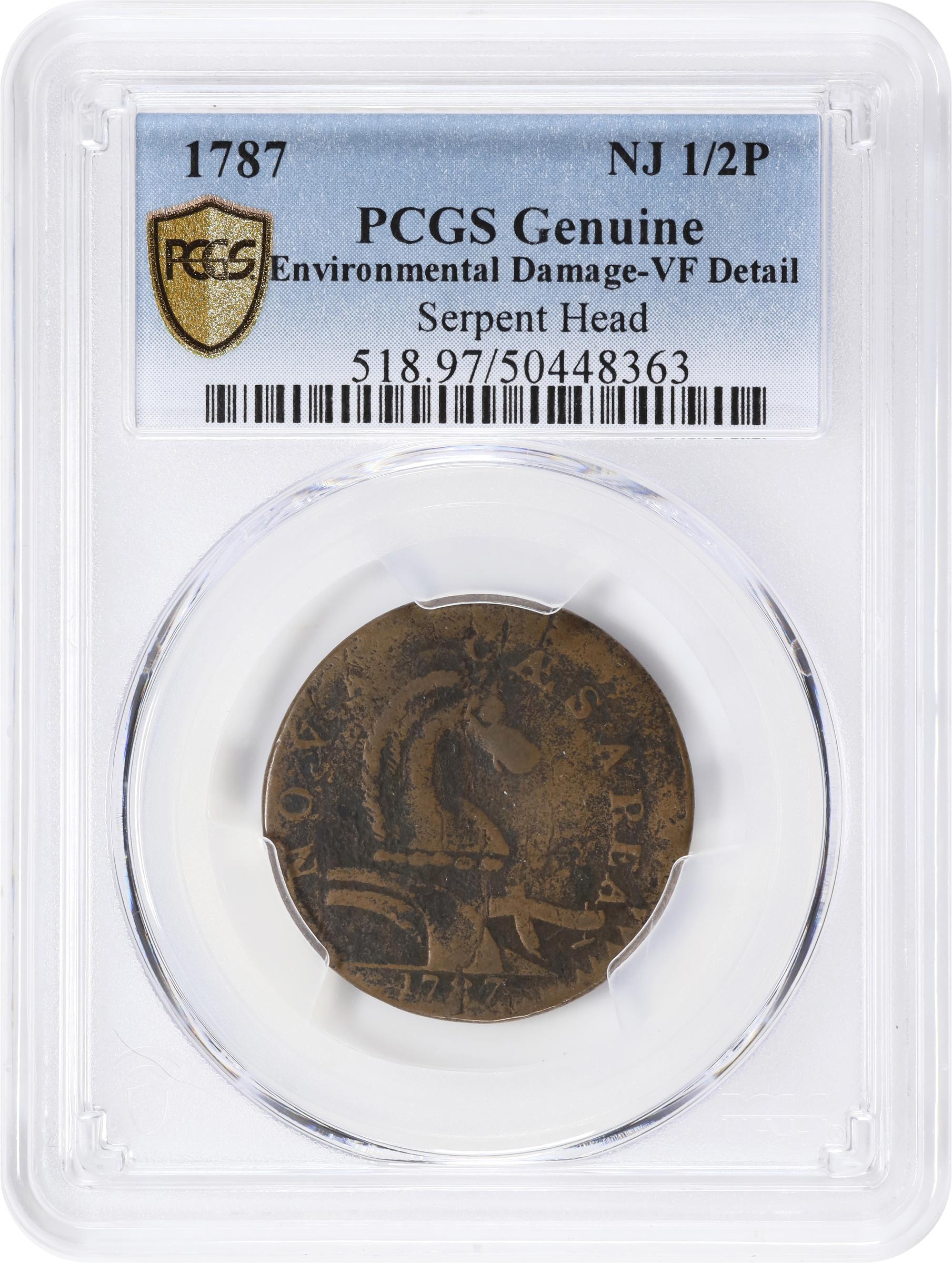 image for: 1787 New Jersey Copper. Maris 54-k, W-5295. Rarity-3. No Sprig Above Plow, Serpent Head. VF Details--Environmental Damage (PCGS).