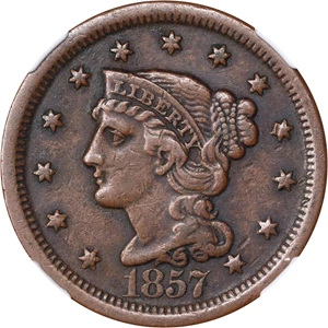 image for: 1857 Braided Hair Cent. N-1. Rarity-1. Large Date. EF-40 BN (NGC).