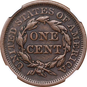 image for: 1857 Braided Hair Cent. N-1. Rarity-1. Large Date. EF-40 BN (NGC).