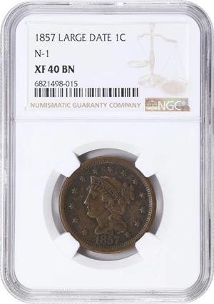 image for: 1857 Braided Hair Cent. N-1. Rarity-1. Large Date. EF-40 BN (NGC).