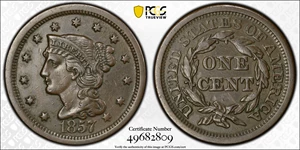 image for: 1857 Braided Hair Cent. N-1. Rarity-1. Large Date. EF Details--Cleaned (PCGS).
