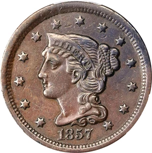 image for: 1857 Braided Hair Cent. N-2. Rarity-1. Small Date. EF Details--Cleaned (PCGS).