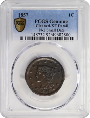 image for: 1857 Braided Hair Cent. N-2. Rarity-1. Small Date. EF Details--Cleaned (PCGS).