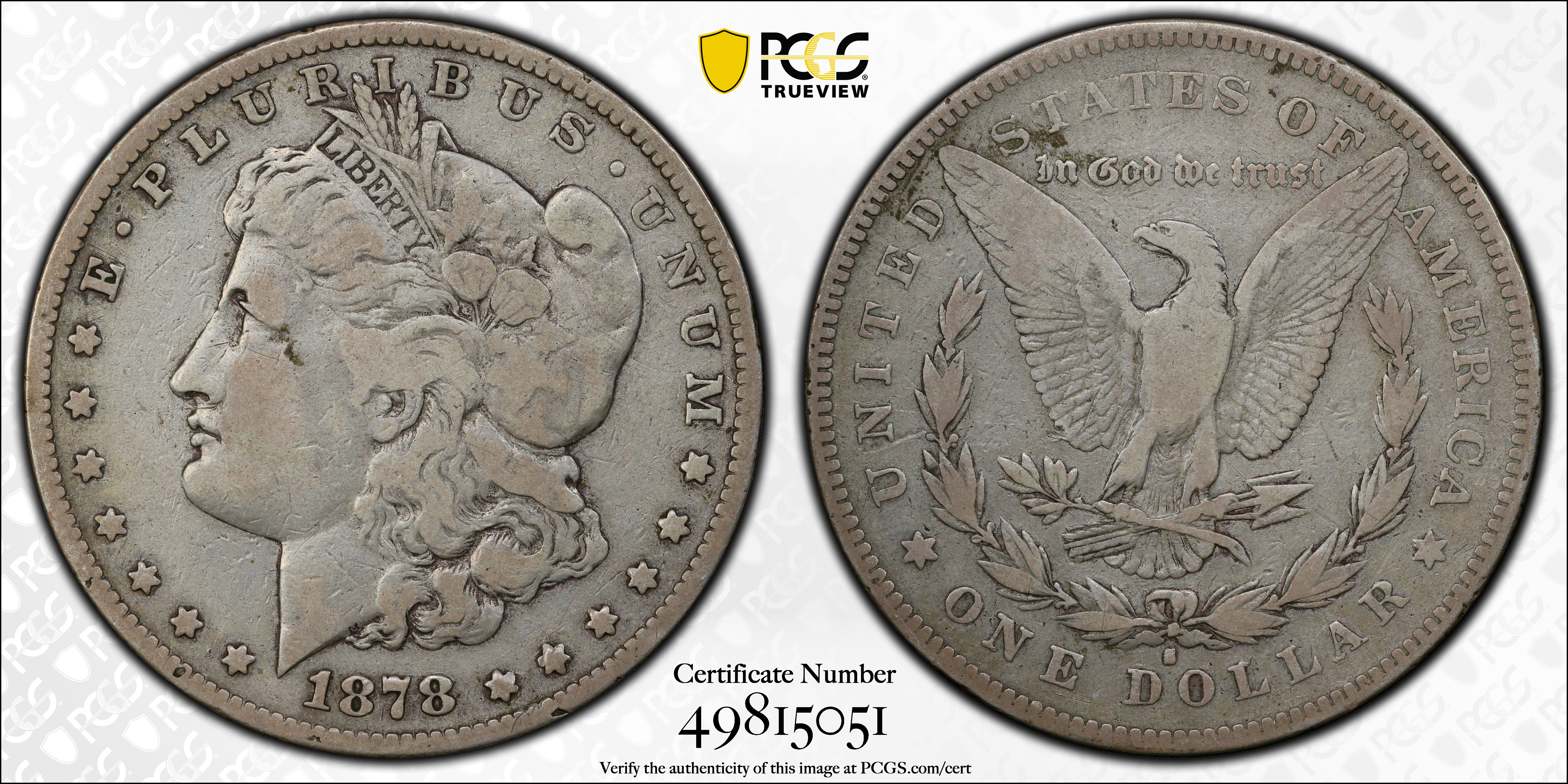 image for: 1878-S Morgan Silver Dollar. VAM-57. Top 100 Variety. Long Arrow Shaft. Fine Details--Cleaned (PCGS).