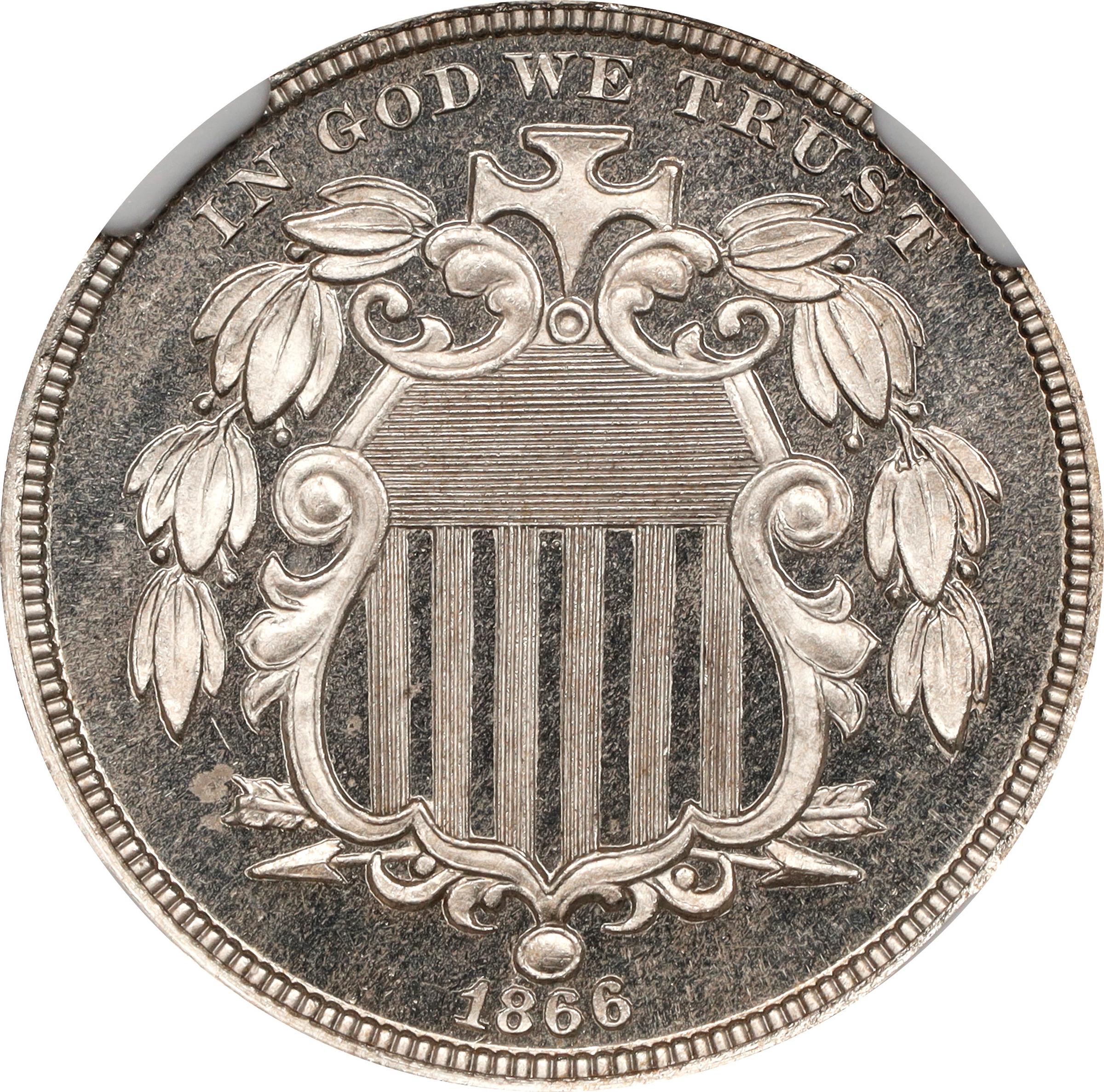 image for: 1866 Shield Nickel. Rays. JD-1. Rarity-3-. Proof-66+ Ultra Cameo (NGC). CMQ.