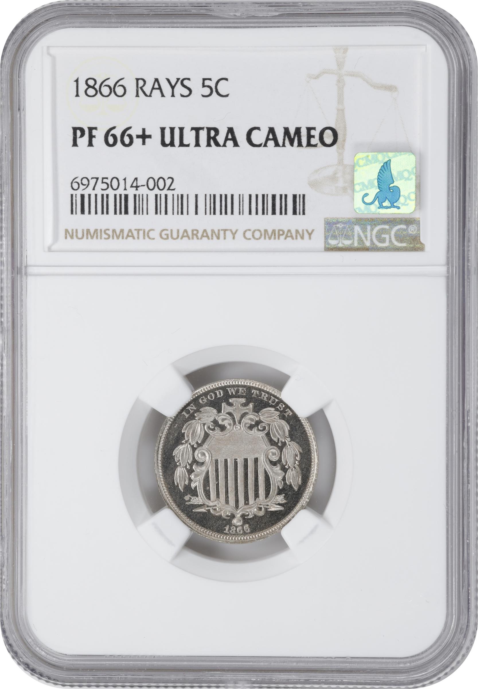 image for: 1866 Shield Nickel. Rays. JD-1. Rarity-3-. Proof-66+ Ultra Cameo (NGC). CMQ.