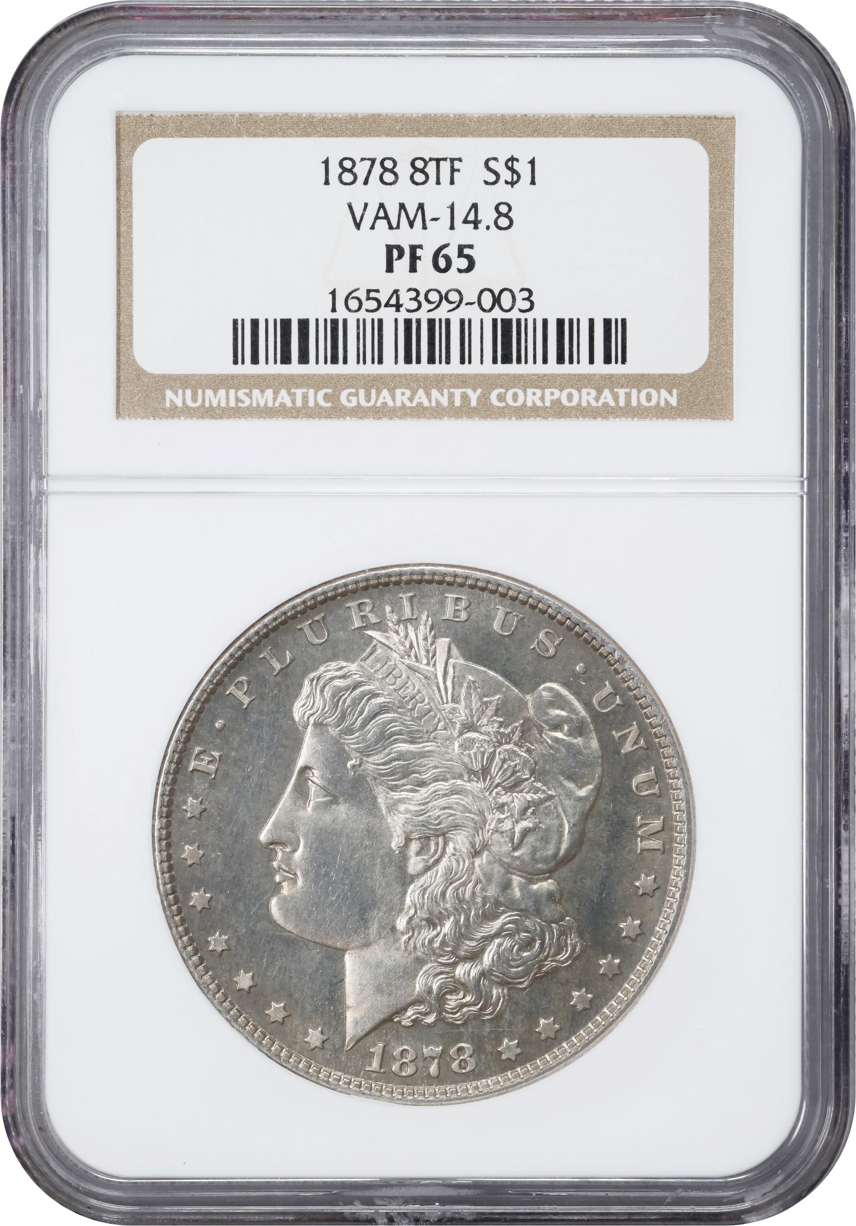 image for: 1878 Morgan Silver Dollar. 8 Tailfeathers. VAM-14.8. Spiked Eye. Proof-65 (NGC).