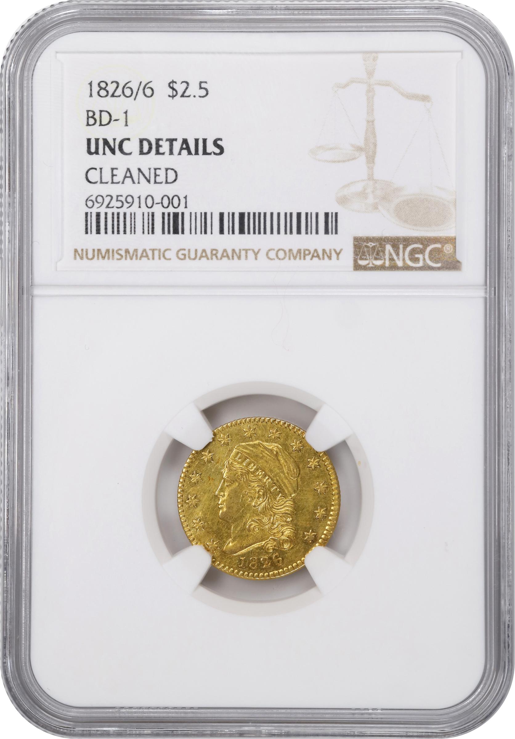 image for: 1826/6 Capped Head Left Quarter Eagle. BD-1. Rarity-5+. Unc Details--Cleaned (NGC).