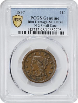 image for: 1857 Braided Hair Cent. N-2. Rarity-1. Small Date. EF Details--Rim Damage (PCGS).