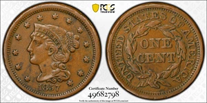image for: 1857 Braided Hair Cent. N-2. Rarity-1. Small Date. EF Details--Rim Damage (PCGS).