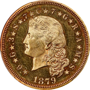 image for: 1879 Four-Dollar Gold Stella. Flowing Hair. Judd-1635, Pollock-1833, JD-1. Rarity-3. Gold. Reeded Edge. Proof-63 Cameo (PCGS). CAC. CMQ.