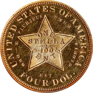 image for: 1879 Four-Dollar Gold Stella. Flowing Hair. Judd-1635, Pollock-1833, JD-1. Rarity-3. Gold. Reeded Edge. Proof-63 Cameo (PCGS). CAC. CMQ.