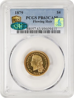 image for: 1879 Four-Dollar Gold Stella. Flowing Hair. Judd-1635, Pollock-1833, JD-1. Rarity-3. Gold. Reeded Edge. Proof-63 Cameo (PCGS). CAC. CMQ.