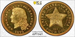 image for: 1879 Four-Dollar Gold Stella. Flowing Hair. Judd-1635, Pollock-1833, JD-1. Rarity-3. Gold. Reeded Edge. Proof-63 Cameo (PCGS). CAC. CMQ.