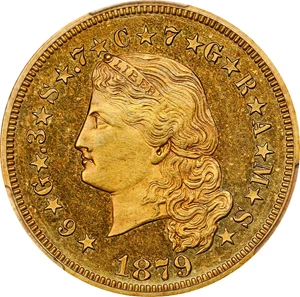 image for: 1879 Four-Dollar Gold Stella. Flowing Hair. Judd-1635, Pollock-1833, JD-1. Rarity-3. Gold. Reeded Edge. Proof-63 Cameo (PCGS). CAC. CMQ.