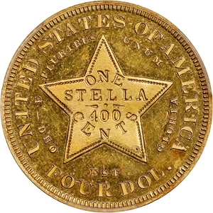 image for: 1879 Four-Dollar Gold Stella. Flowing Hair. Judd-1635, Pollock-1833, JD-1. Rarity-3. Gold. Reeded Edge. Proof-63 Cameo (PCGS). CAC. CMQ.