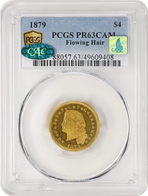 image for: 1879 Four-Dollar Gold Stella. Flowing Hair. Judd-1635, Pollock-1833, JD-1. Rarity-3. Gold. Reeded Edge. Proof-63 Cameo (PCGS). CAC. CMQ.