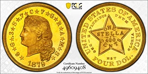 image for: 1879 Four-Dollar Gold Stella. Flowing Hair. Judd-1635, Pollock-1833, JD-1. Rarity-3. Gold. Reeded Edge. Proof-63 Cameo (PCGS). CAC. CMQ.