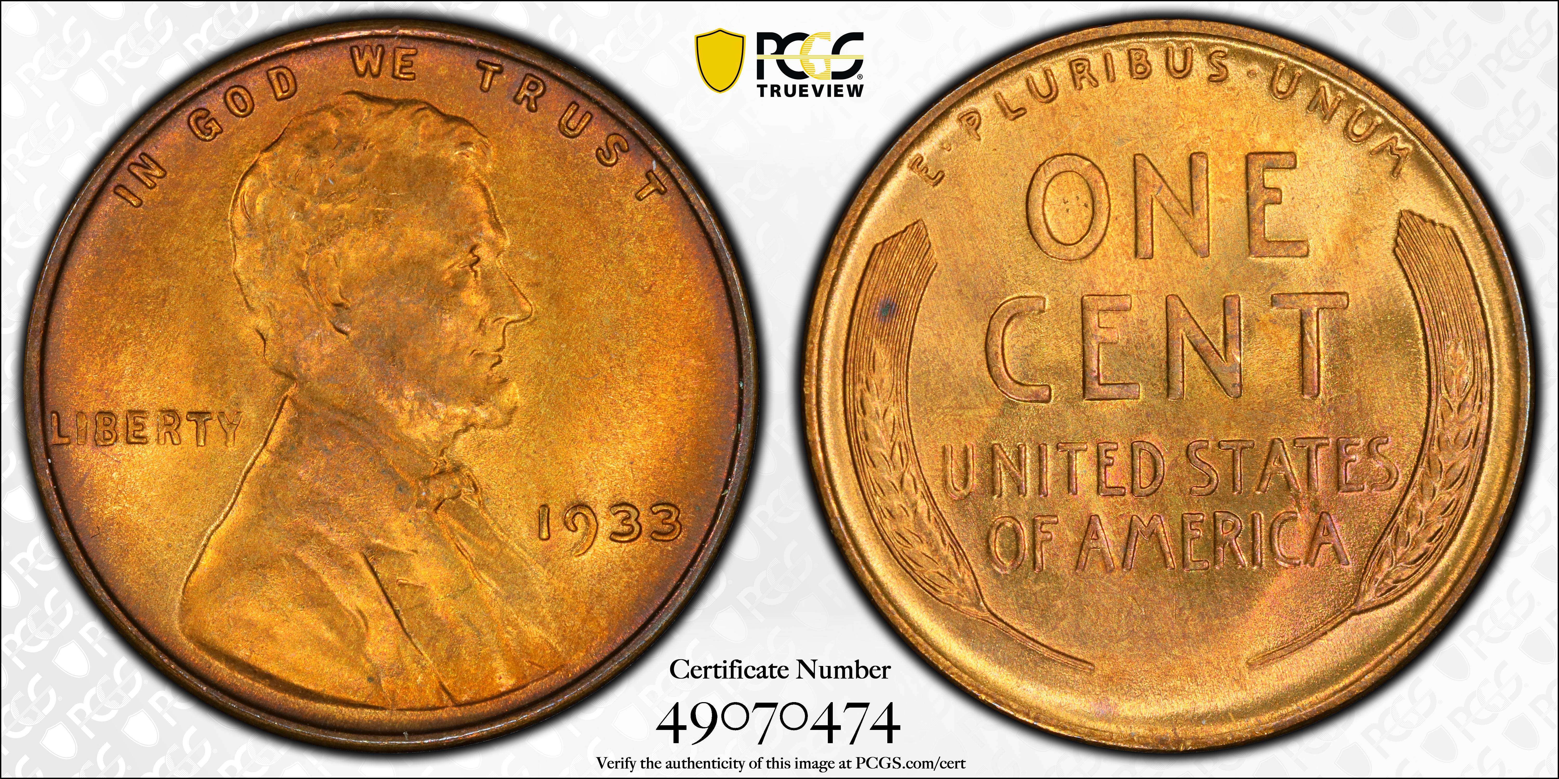image for: 1933 Lincoln Cent. MS-65 RB (PCGS).