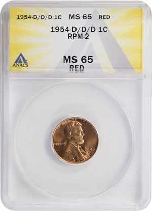 image for: 1954-D/D/D Lincoln Cent. RPM-2. Repunched Mintmark. MS-65 RD (ANACS).